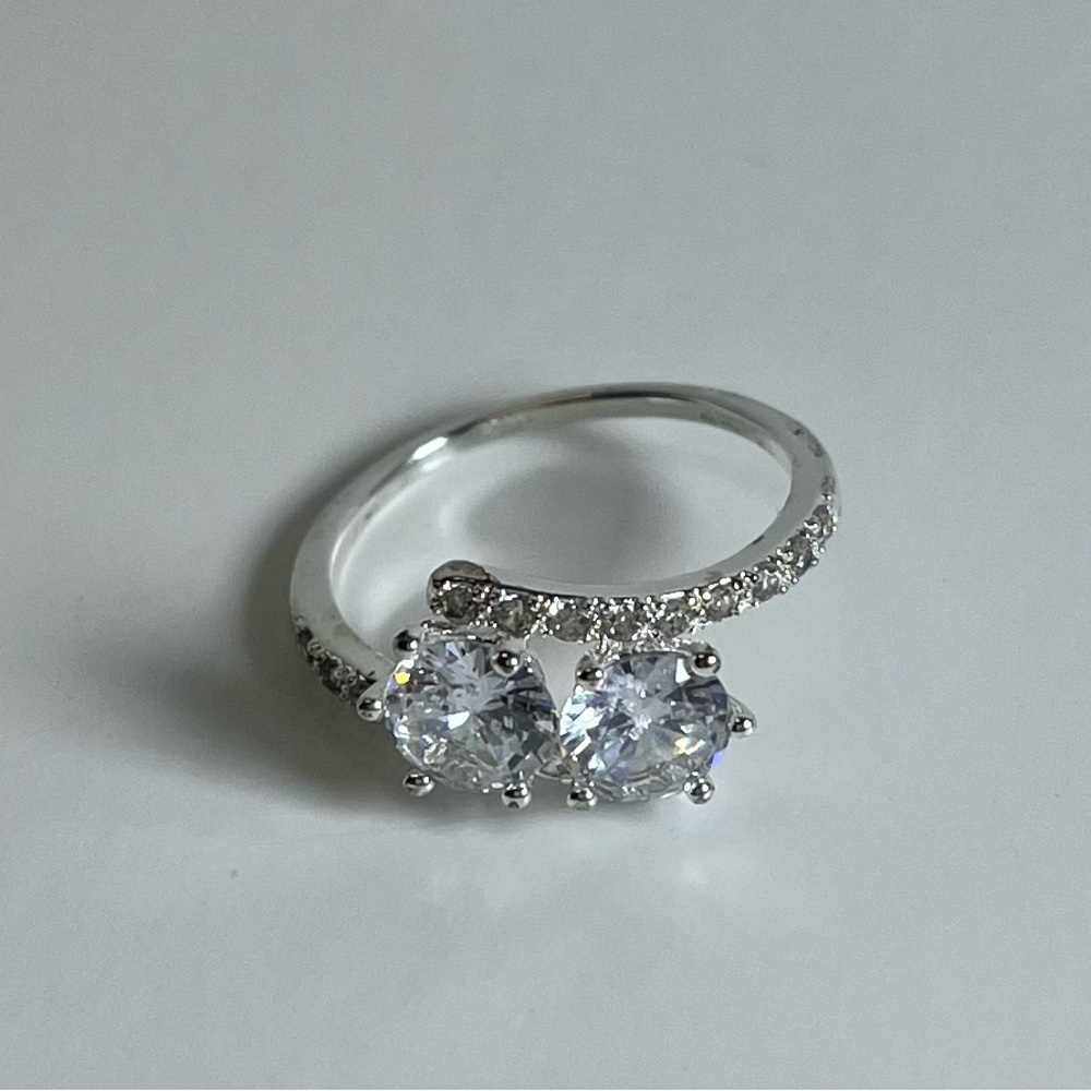 Charter Club Fine Silver Plate Cubic Zirconia 2-Stone Ring Size 7